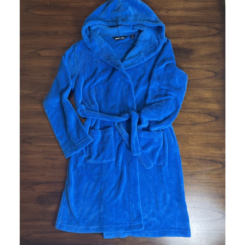 Lands' End Bathrobe Kid Size 14 Hooded Blue Fleece Tie Waist Pocket Fuzzy Comfy